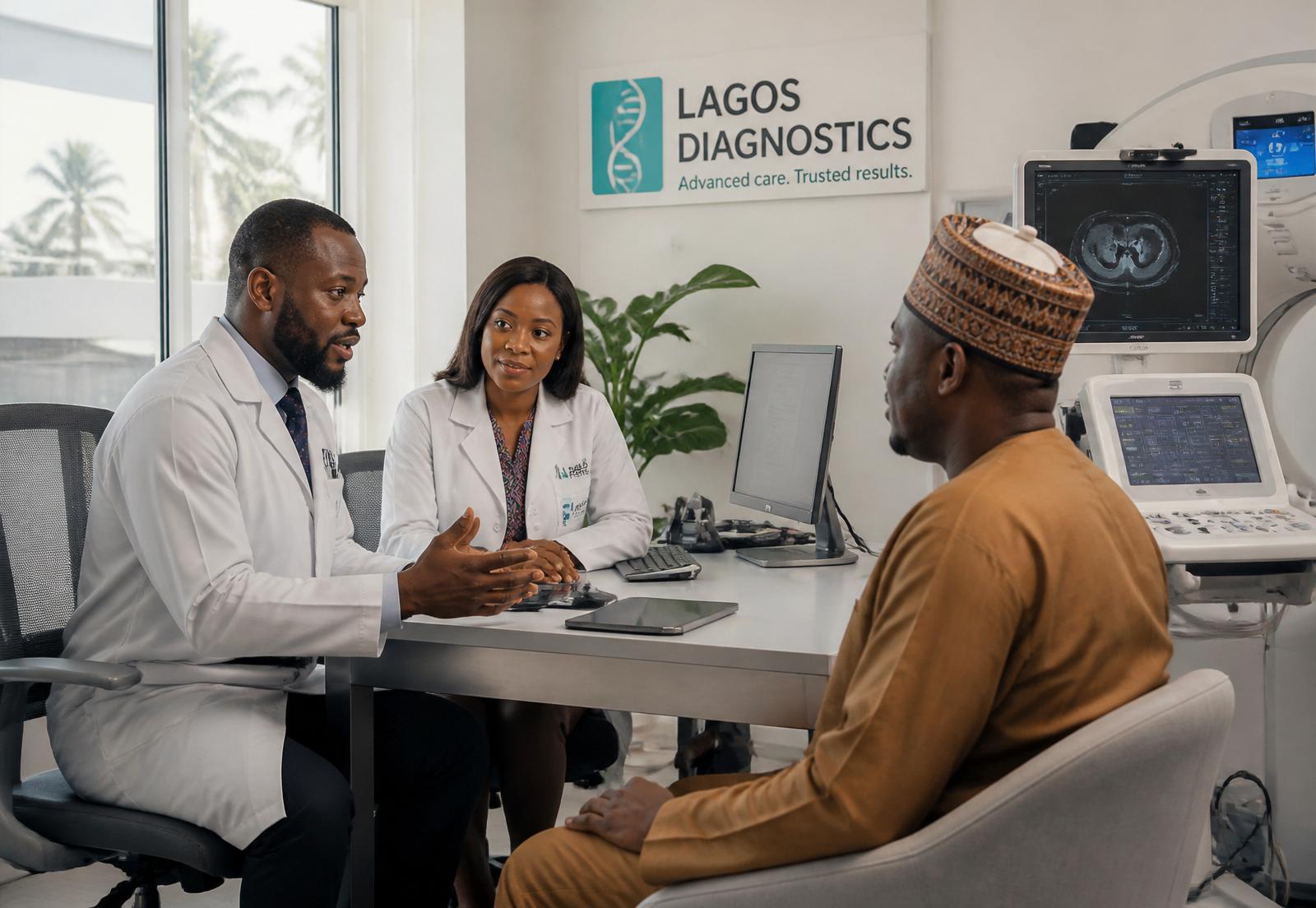 Clinicians and a patient in a modern diagnostic clinic