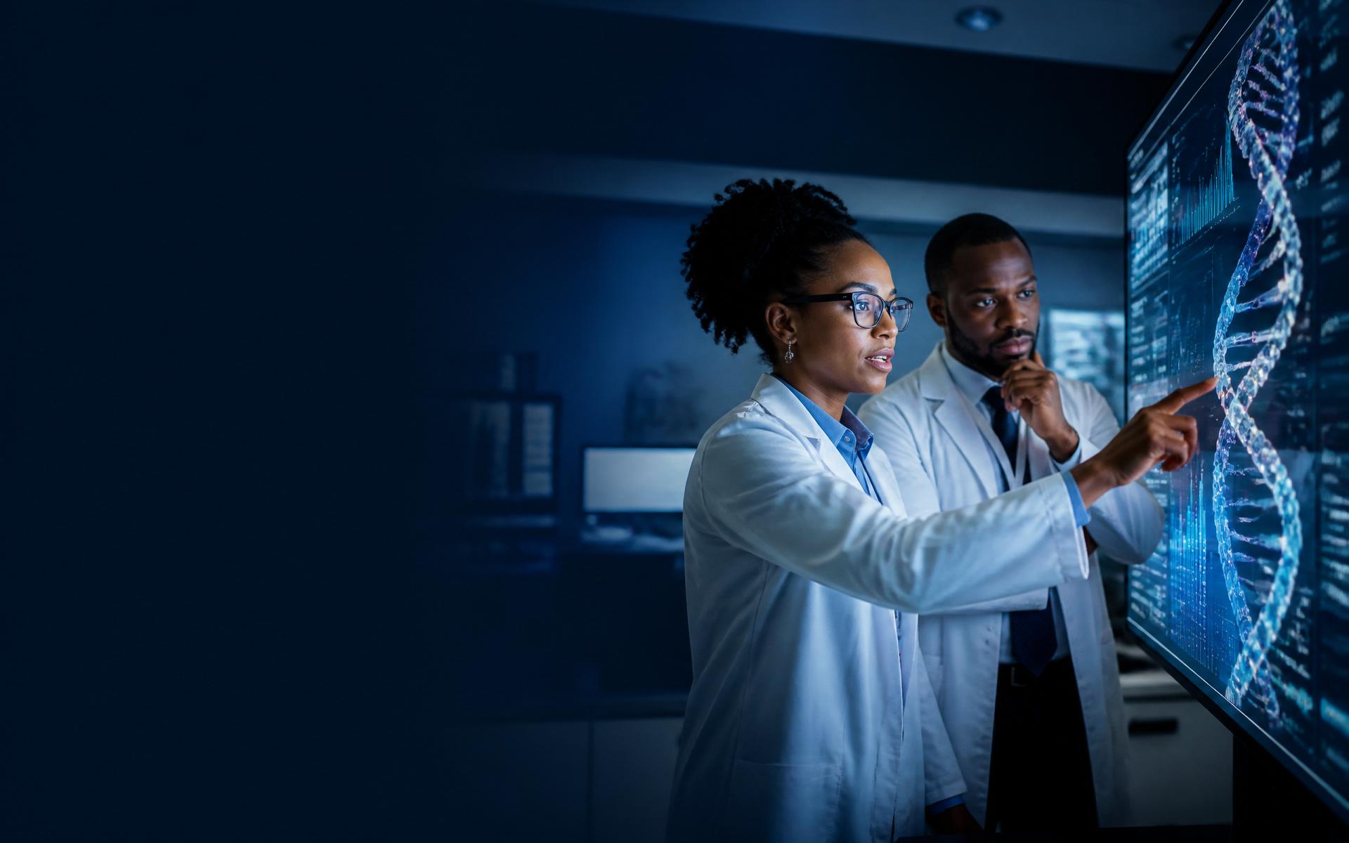 African scientist and clinician reviewing molecular visualization