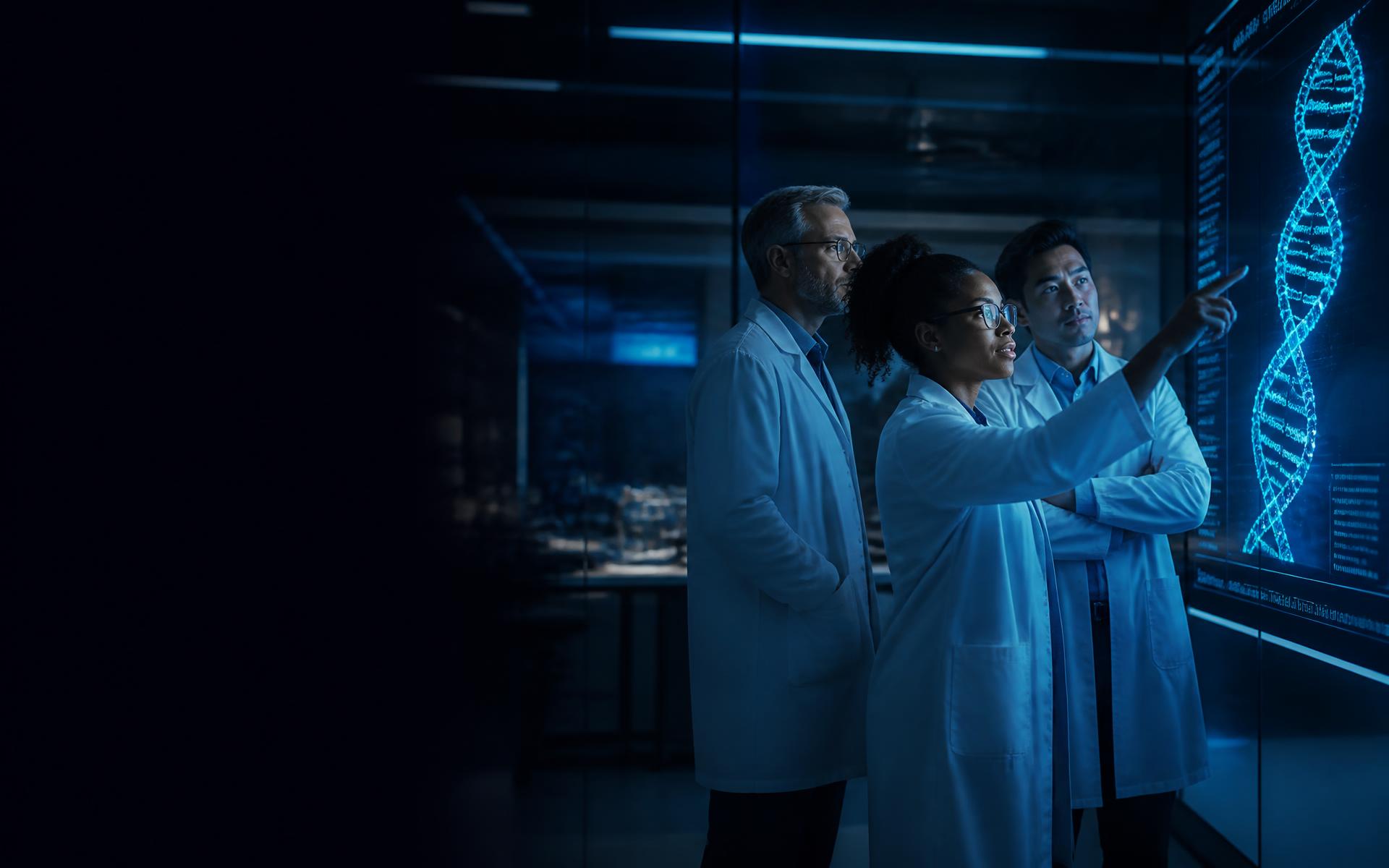 A multi-ethnic team of scientists reviewing a genomic DNA visualization in a research laboratory